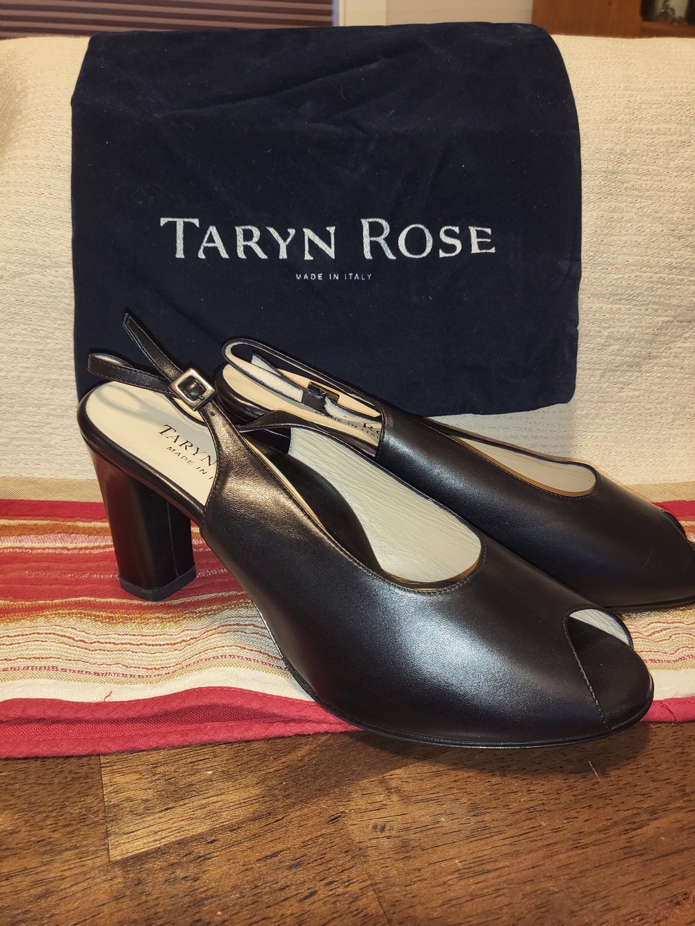 Taryn Rose Black Leather Peep-Toe Slingback Block Heels